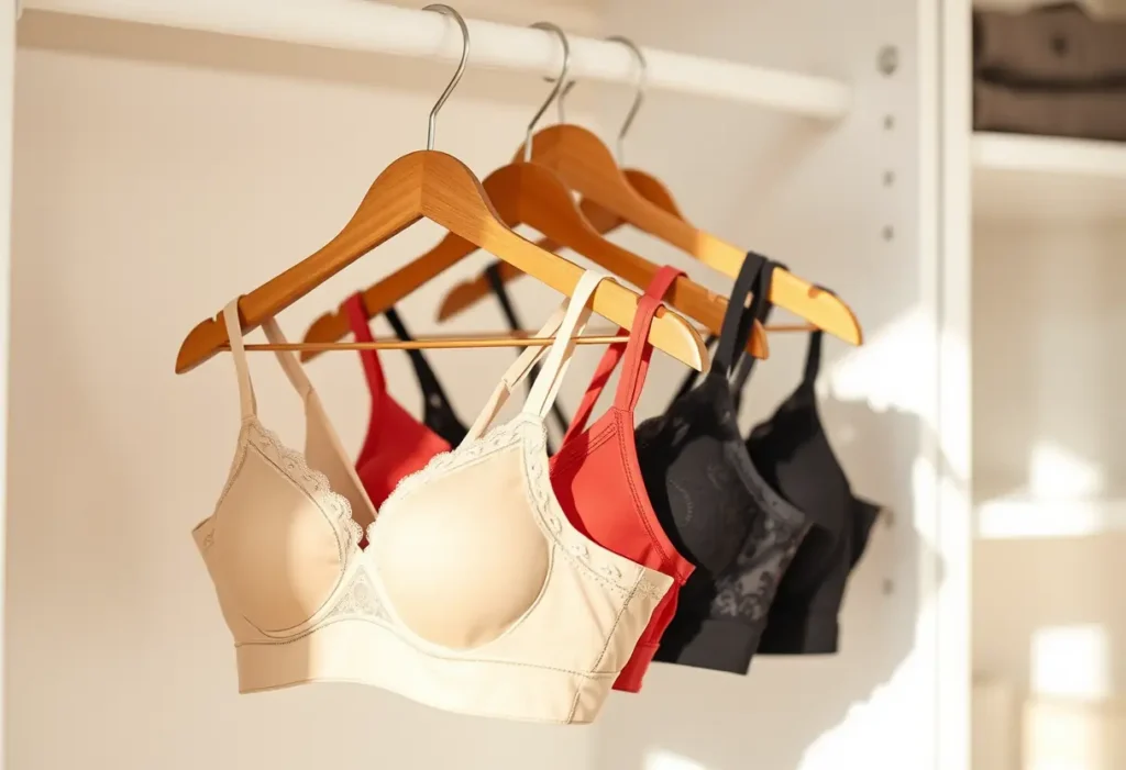 Un porte-vêtements en bois accroche divers soutiens-gorge aux couleurs et styles variés, soulignant la diversité des options disponibles.