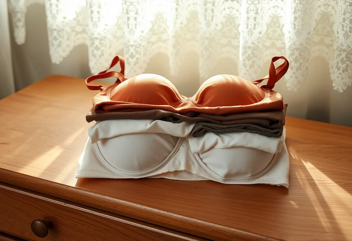 Trois soutiens-gorge pliés sur une commode en bois, éclairés par la lumière du jour filtrée par un rideau dentelé, bien-être féminin