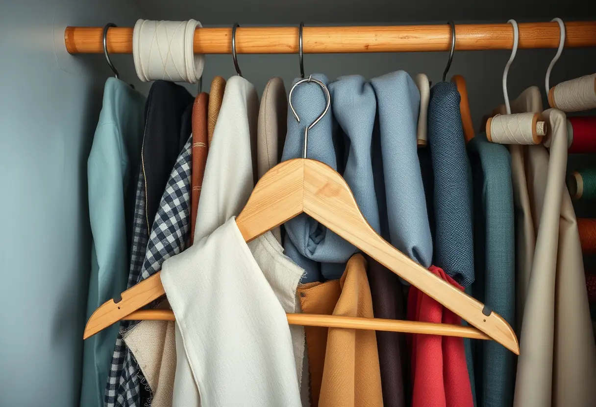 Un porte-linge dans un placard rempli de morceaux de tissu et de bobines de fil, encourageant la réutilisation créative.
