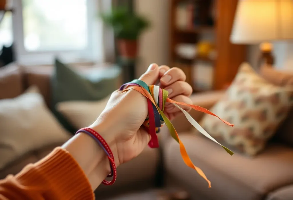 Main de femme nouant des bandes de tissu pour créer un poignet coloré