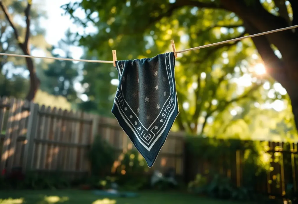 Un bandeau de sport suspendu à sécher dans un jardin