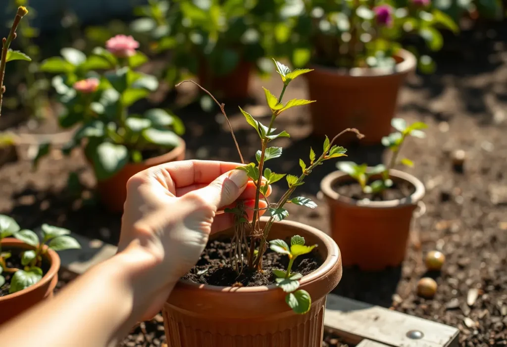 Une main féminine pose délicatement des fils métalliques dans un petit pot de plante au jardin.