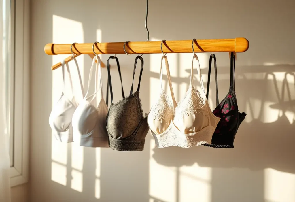 Soutiens-gorge suspendus dans une chambre baignée de lumière du matin