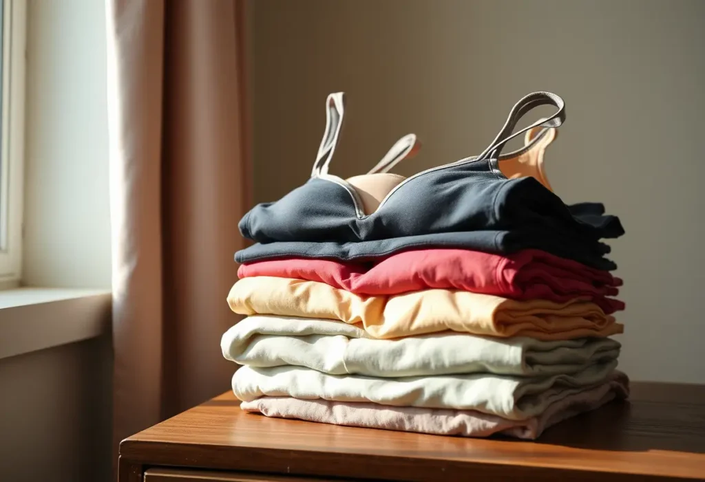 Image alternative : Un alignement de cinq soutiens-gorge de différentes couleurs posés sur une commode en bois, illustrant la nécessité d'avoir plusieurs soutiens-gorge pour bien les faire tourner.