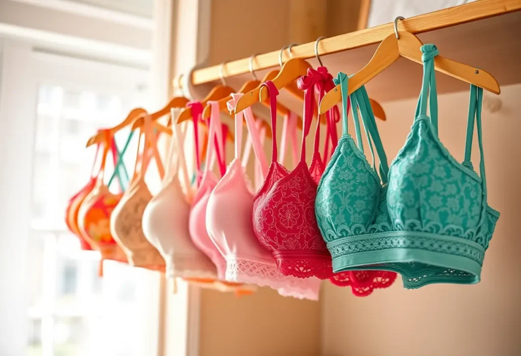 Des soutiens-gorge multicolores pendent sur un porte-vêtements en bois dans un placard, reflétant diversité et bonne humeur.