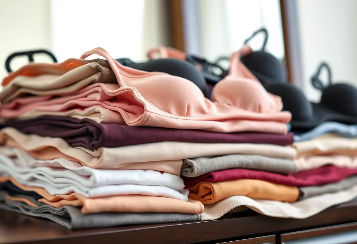 Un amoncellement de soutiens-gorge soigneusement pliés en différentes matières et couleurs, posés sur une commode avec miroir, mettant en valeur l'organisation et le style personnel.