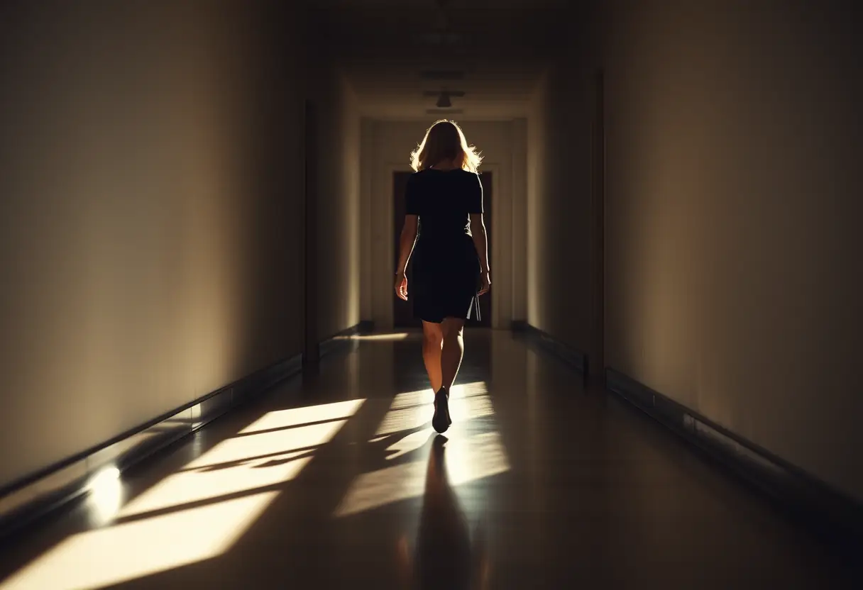 Une silhouette féminine marche dans un couloir baigné de lumière naturelle, démarche assurée