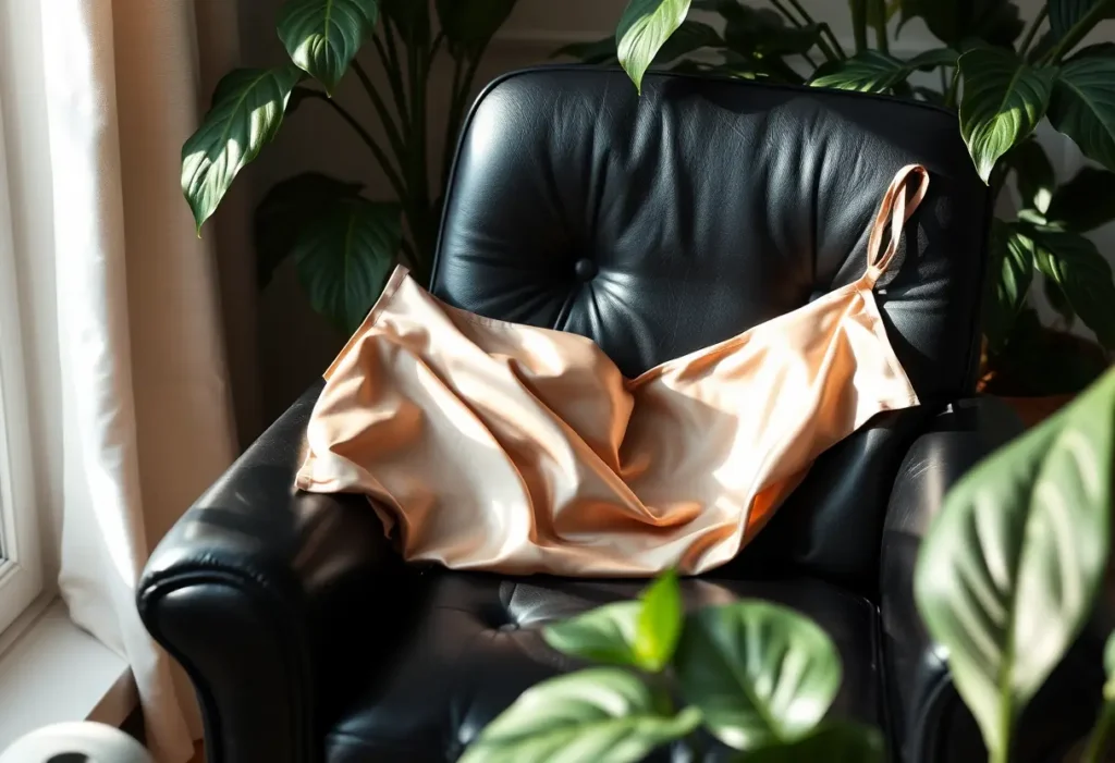 Camisole soyeuse posée sur un fauteuil après opération