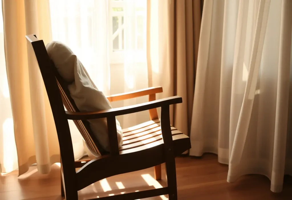 Un fauteuil en bois dans une pièce baignée de lumière, illustrant le besoin de repos pendant la récupération.