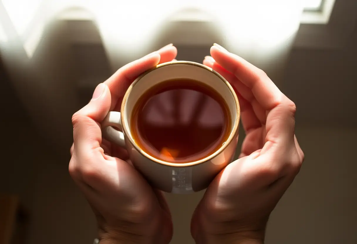 Des mains tenant une tasse de thé, évoquant chaleur et confort pendant la guérison.