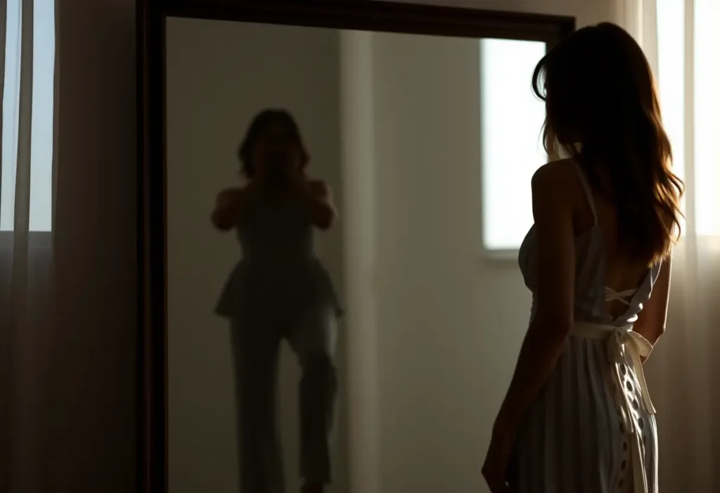Silhouette de femme devant un miroir de pied, vérifiant son reflet dans la lumière du jour.