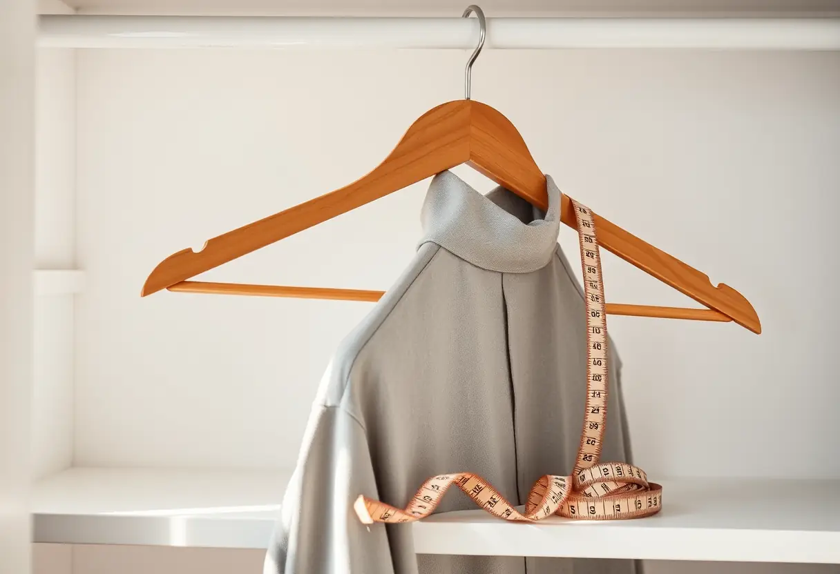 Un porte-linge avec un ruban à mesurer plié, dans un placard bien ordonné, illustrant l'importance de la mesure juste