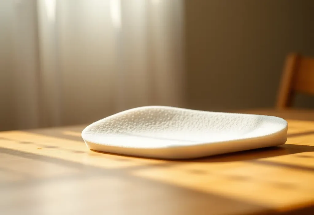Un coussinet en mousse posé sur une table, éclairé naturellement, prêt à être utilisé pour rembourrer un soutien-gorge.