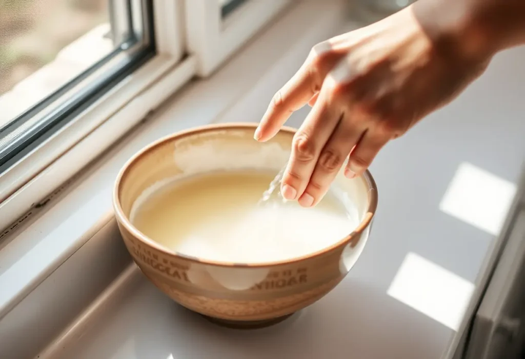 Une main féminine mélange du vinaigre blanc et de l'eau dans un bol, technique douce pour blanchir des sous-vêtements