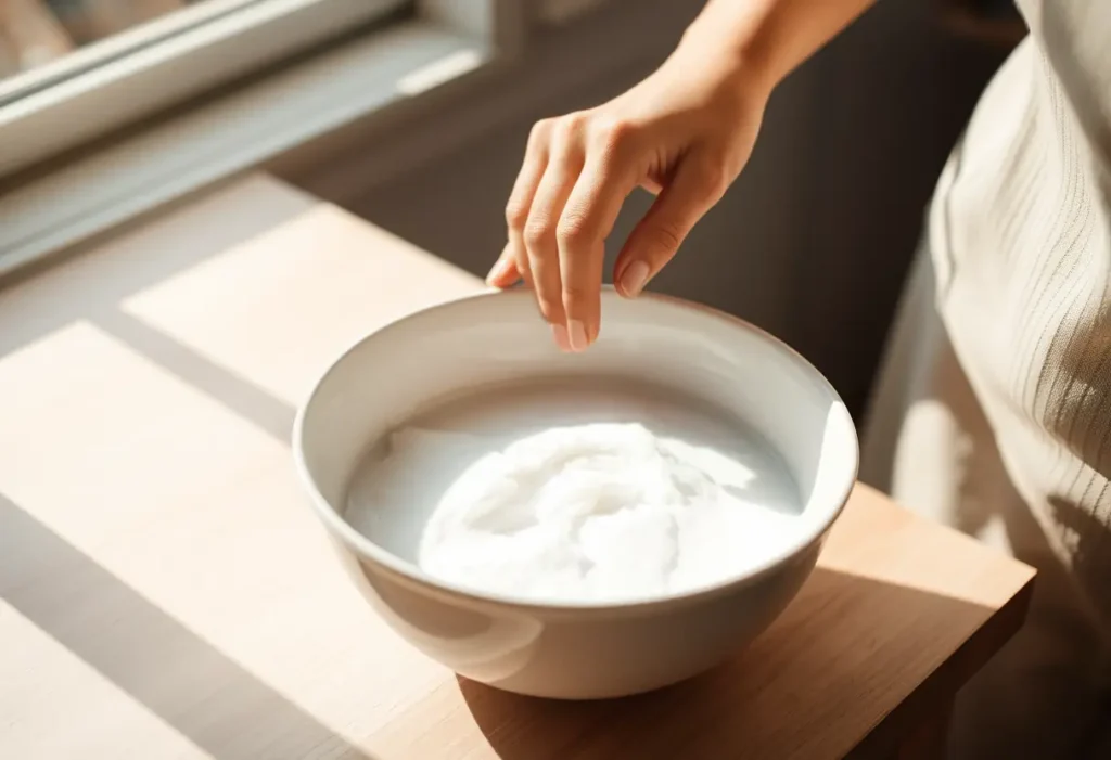 Une main féminine mélange du bicarbonate de soude dans un bol, symbolisant le soin apporté aux sous-vêtements.