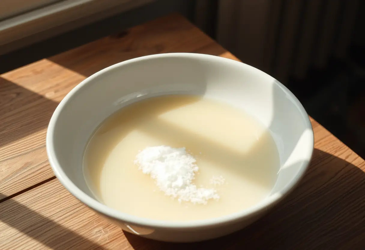 Un récipient en porcelaine contient une solution de bicarbonate de soude et d'eau chaude, sur une table en bois, pour blanchir des soutiens-gorge
