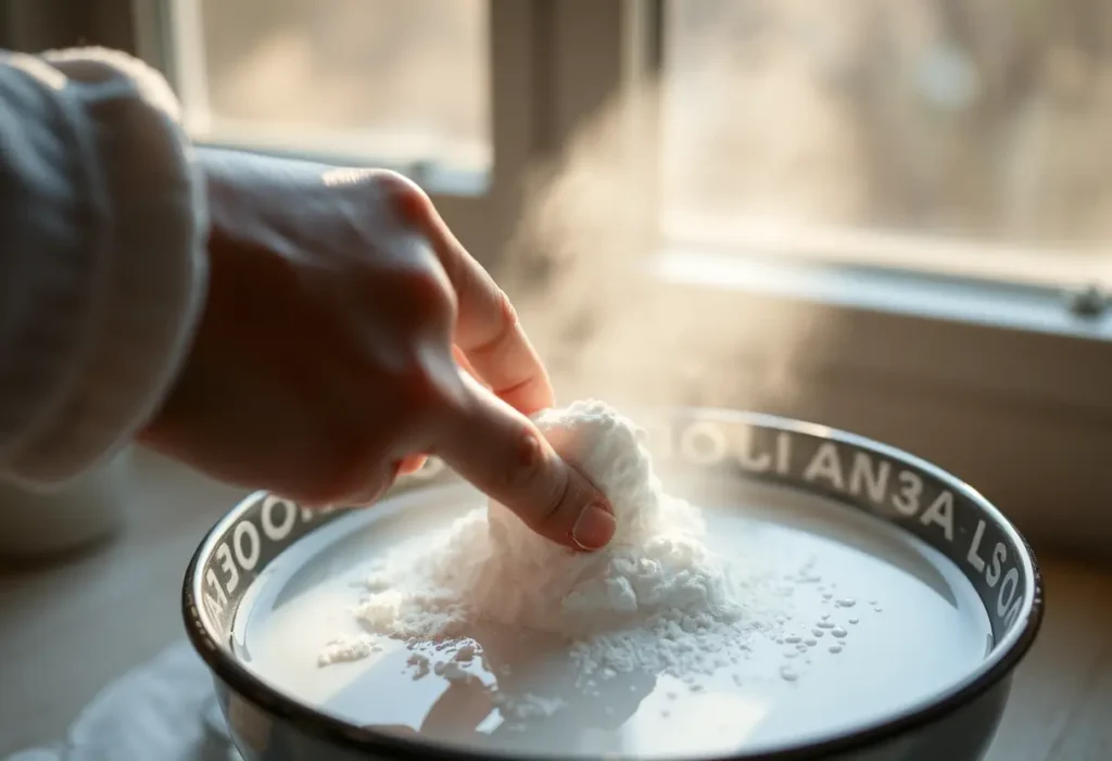 Une main mélangeant du bicarbonate de soude dans un bol d'eau