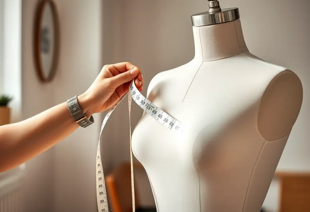 Une main tenant un ruban à mesurer doux autour d'un mannequin, symbolisant la précision nécessaire pour choisir le bon soutien-gorge.