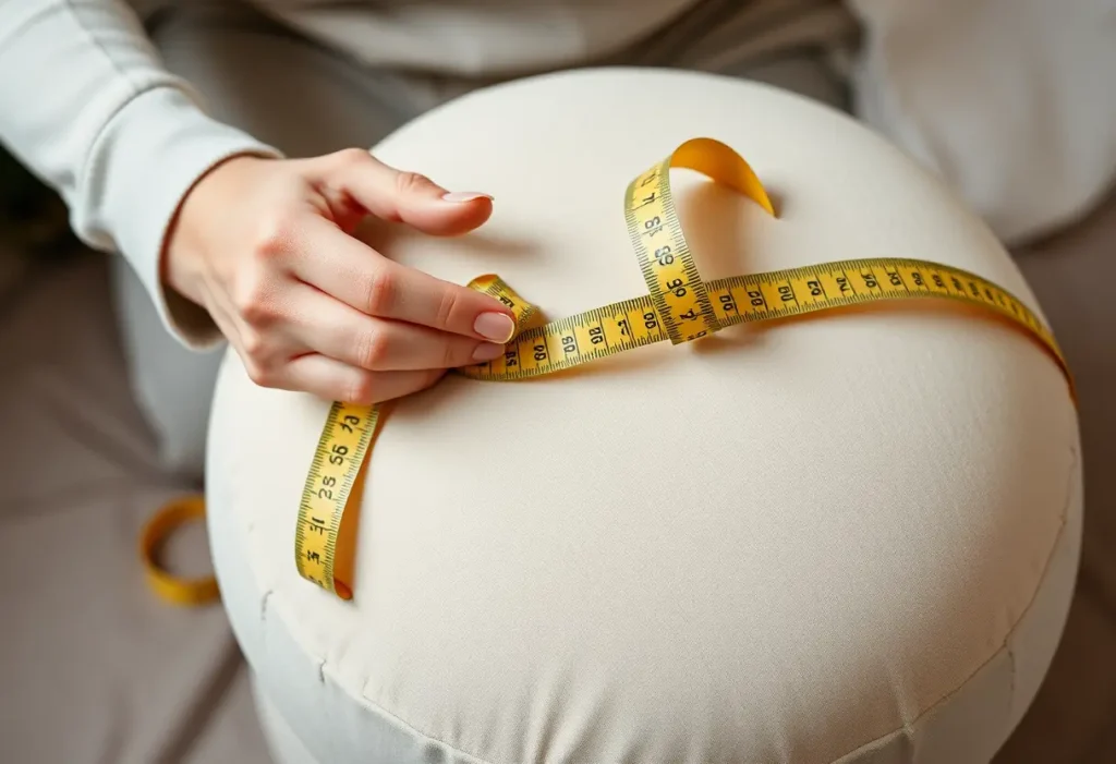 Une main féminine tient un ruban à mesurer flexible autour d'un coussin doux