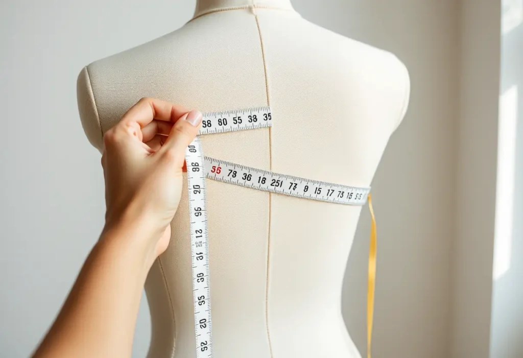 Main de femme tenant un ruban mesure autour d'un mannequin, pour une tenue appropriée