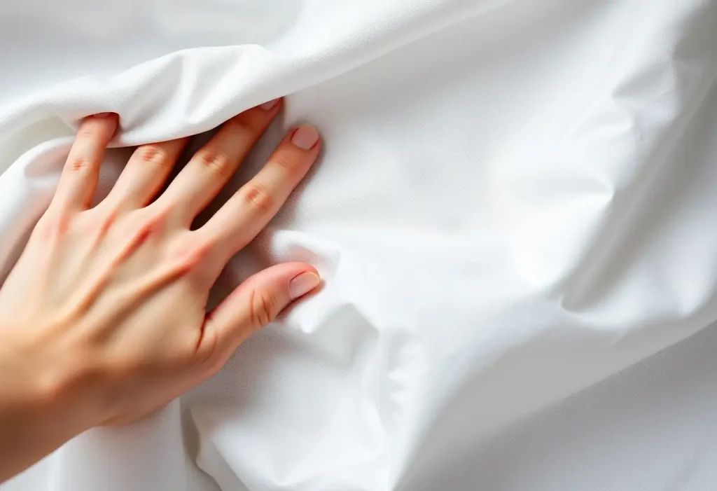 Une main féminine effleure délicatement un morceau de tissu, soulignant le confort.