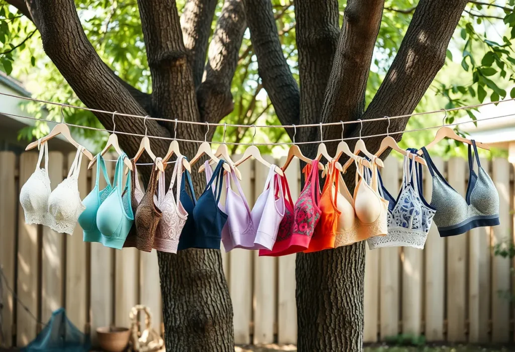 Des soutiens-gorge suspendus au fil à linge, diversité et confort