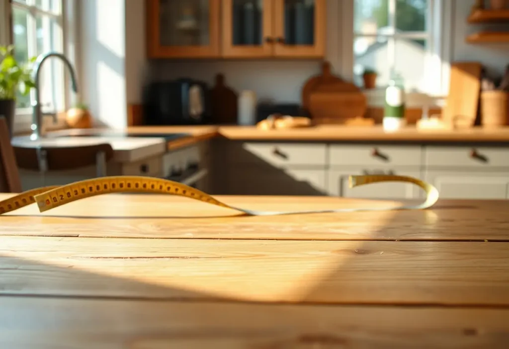 Un plan horizontal d'une table en bois avec une règle de mesure posée dessus