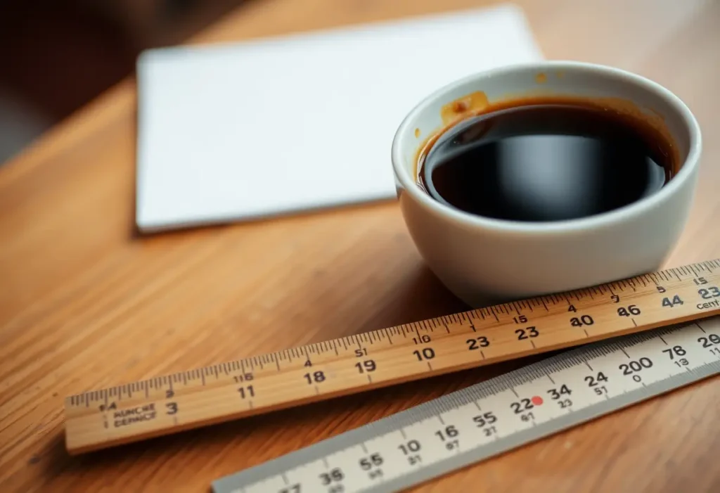 Un mètre ruban posé sur une table avec une tasse de café pour prendre ses mesures