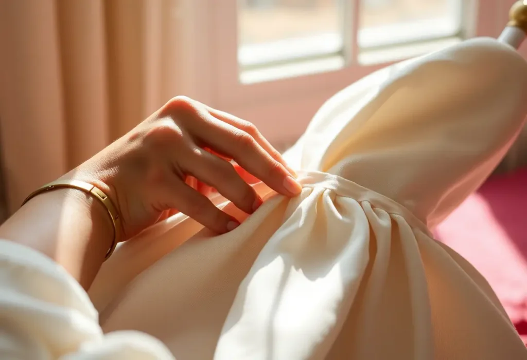 Une main féminine coud doucement un soutien-gorge dans une robe, lumière naturelle