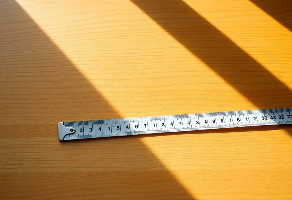 Un mètre ruban posé sur une table, éclairé par la lumière naturelle, utilisé pour mesurer la taille de soutien-gorge
