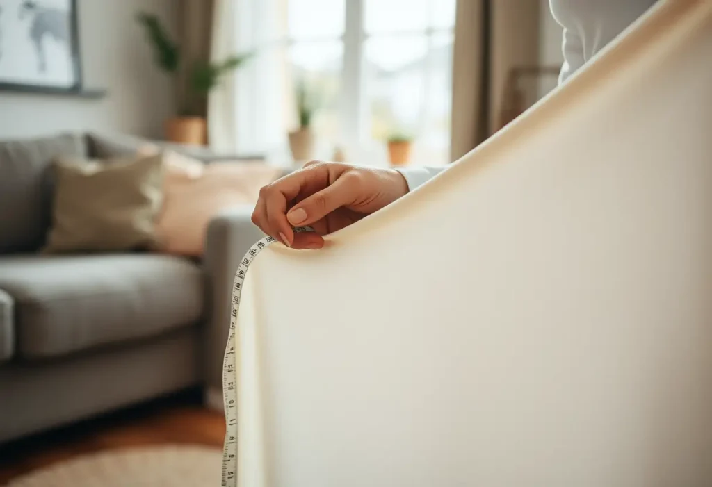 Une main mesure un tissu élastique dans une pièce accueillante