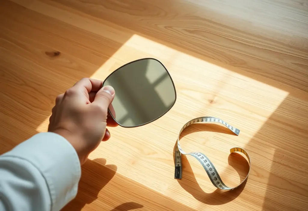 Une main tenant un miroir sur une table en bois lisse où repose un mètre ruban, soulignant l'importance de la mesure précise