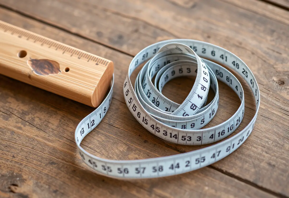 Un ruban à mesurer flexible posé près d'un mètre en bois sur une table en bois