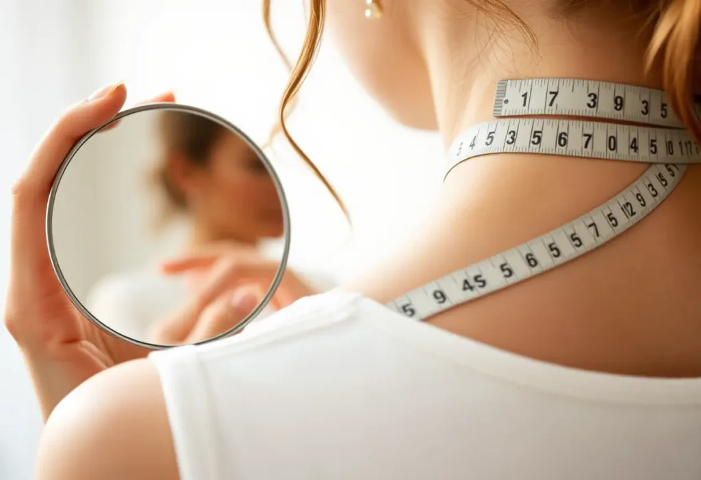 Un petit miroir à main réfléchissant les épaules d'une femme pour vérifier ses mesures