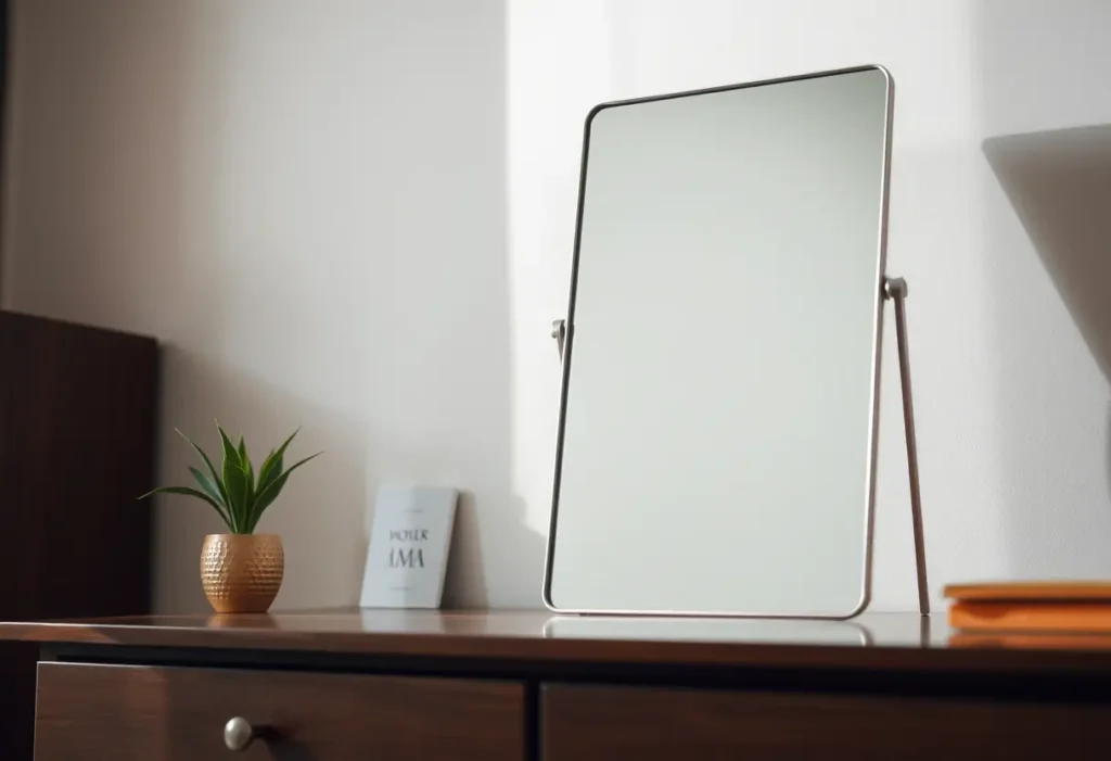 Un miroir sur une commode, reflétant une bonne posture pour la mesure