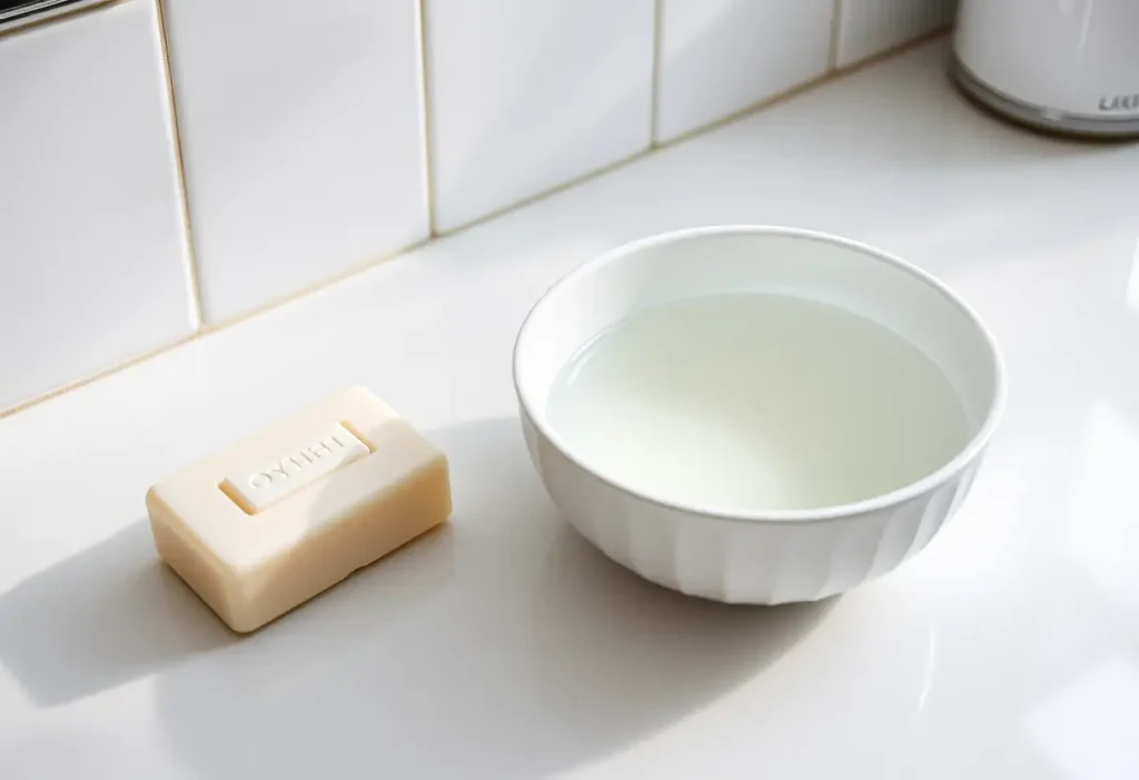 Un plan de travail propre avec un bol blanc rempli d'eau tiède et un savon doux à côté