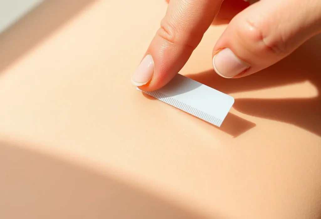 Une main applique délicatement une bande adhésive sur une peau propre, illustrant l'importance de la préparation.