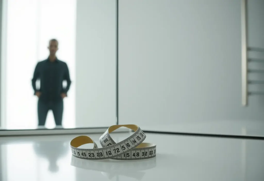 Ruban à mesurer posé près d'un miroir dans une salle de bain
