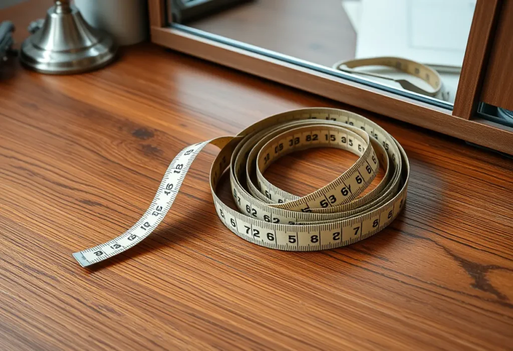 Un mètre souple rangé sur un bureau avec un miroir reflétant la ligne horizontale