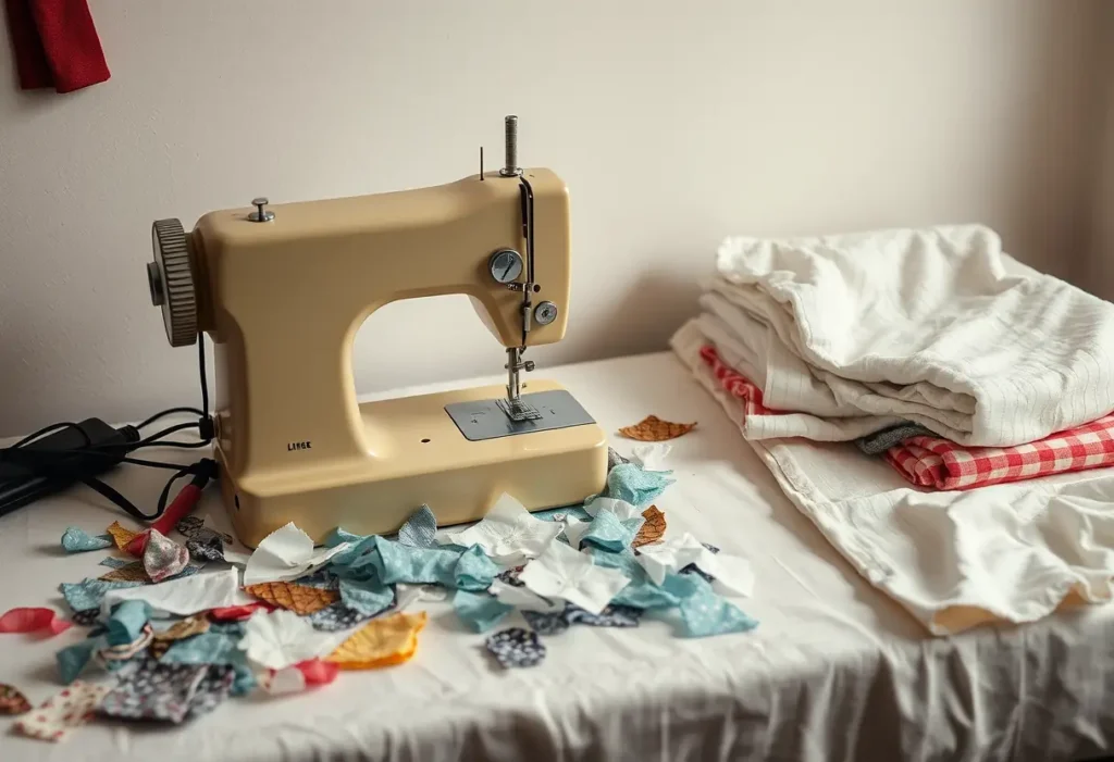 Un bureau avec des échantillons de tissu et des vêtements pliés près d'une machine à coudre inutilisée