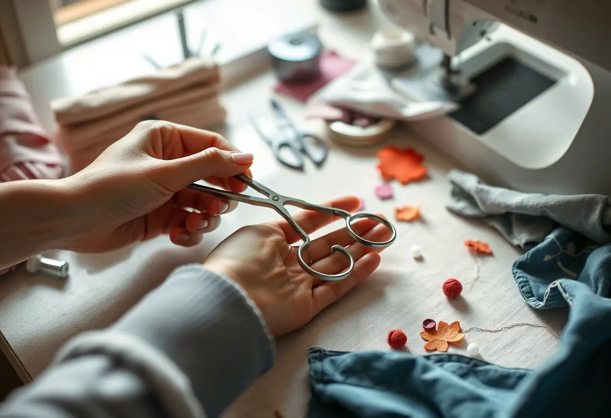 Une main féminine tenant des ciseaux au-dessus d'une table de couture, avec des échantillons de tissu. La lumière naturelle met en valeur le travail minutieux.