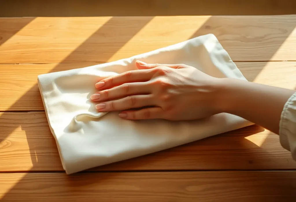 Une main féminine tient délicatement un morceau de tissu plié sur une table en bois, éclairée naturellement.