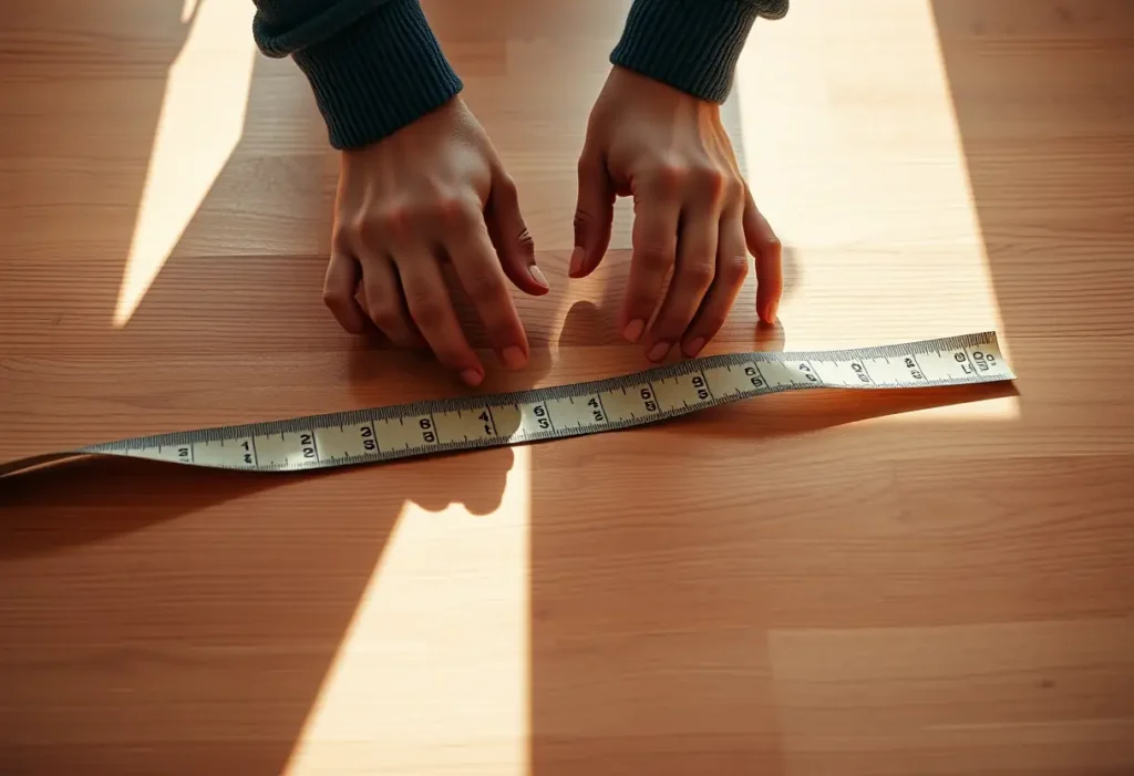 Mains posant un ruban métro sur une table en bois, bien-être féminin