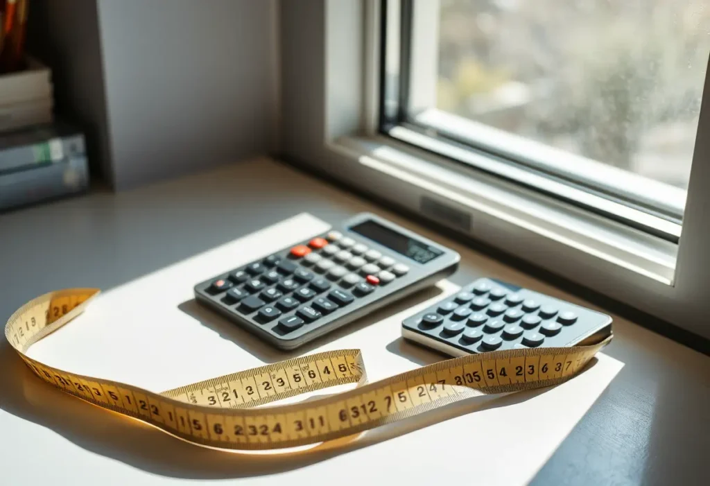 Un mètre ruban repose à côté d'une calculatrice sur un bureau près d'une fenêtre, la lumière du soleil projetant des ombres, soulignant la précision nécessaire pour une taille exacte
