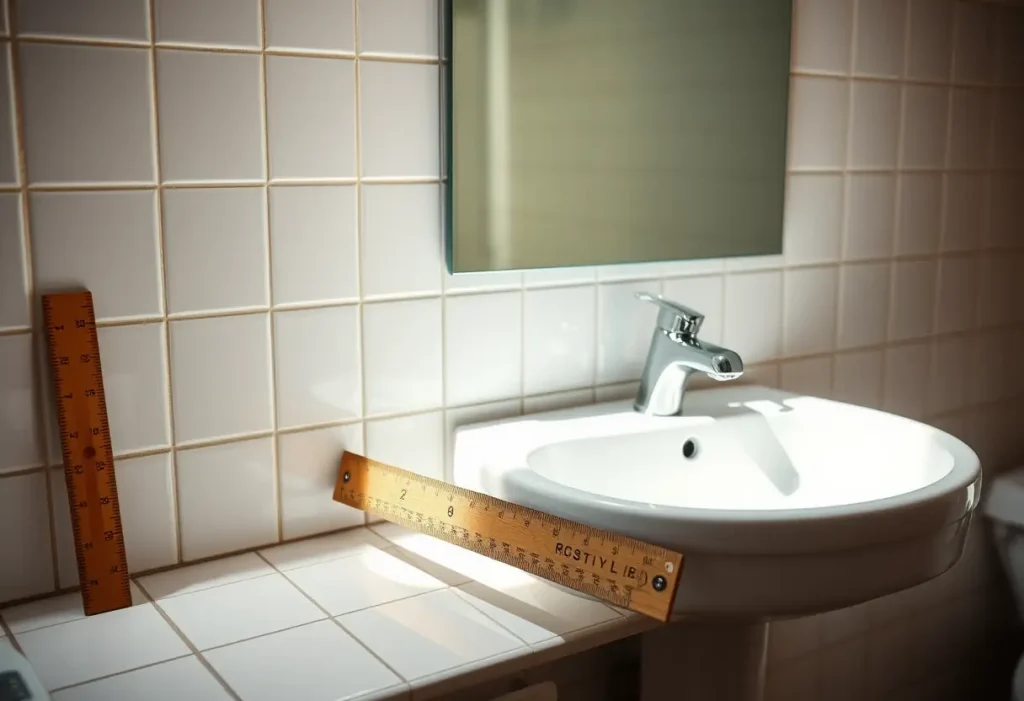 Un mètre de bois repose près d'un lavabo dans une salle de bains bien éclairée.