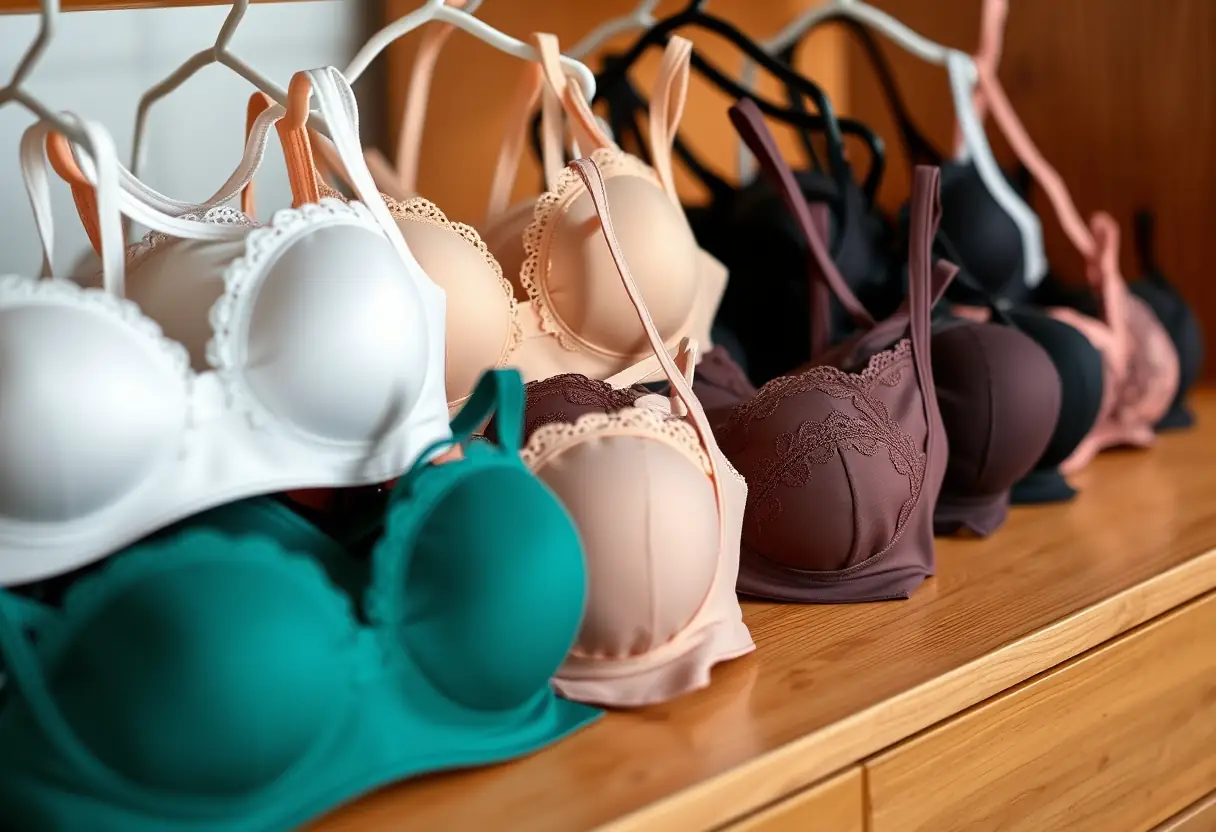 Ensemble de soutiens-gorge pliés sur une commode, représentant la diversité des options.