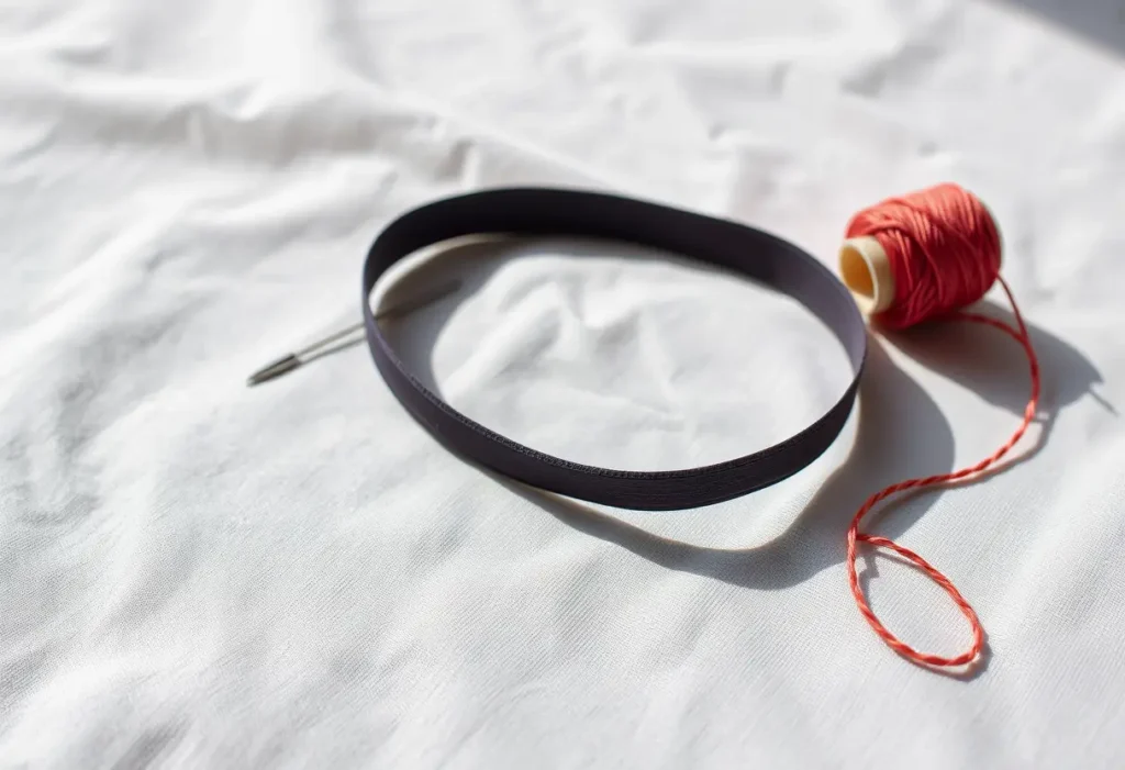 Ruban élastique posé sur un tissu blanc, prêt à être cousu
