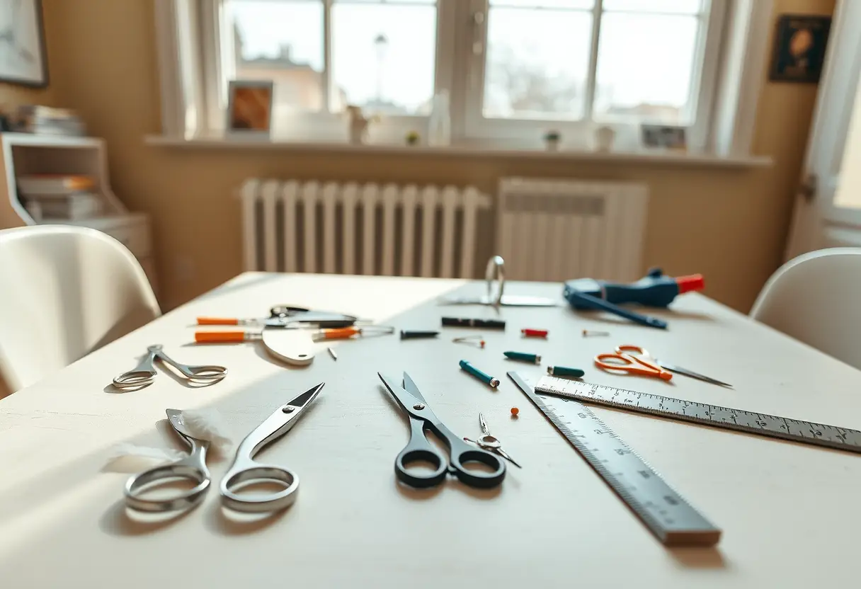 Table de couture bien équipée dans une pièce ensoleillée, outils de couture étalés