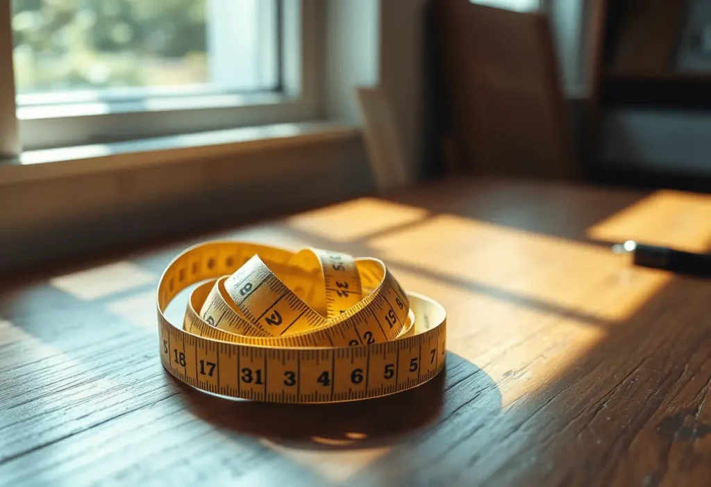 Un ruban à mesurer bien rangé sur un bureau, lumière naturelle