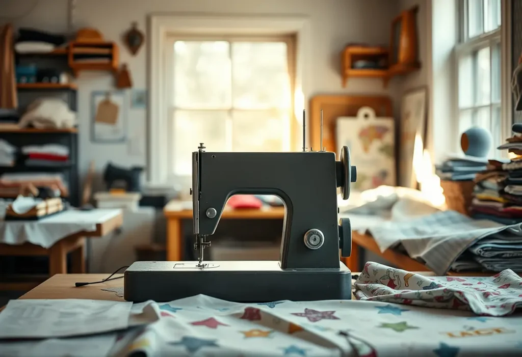 Une machine à coudre inutilisée dans un atelier bien éclairé, entourée de morceaux de tissu et de patrons.